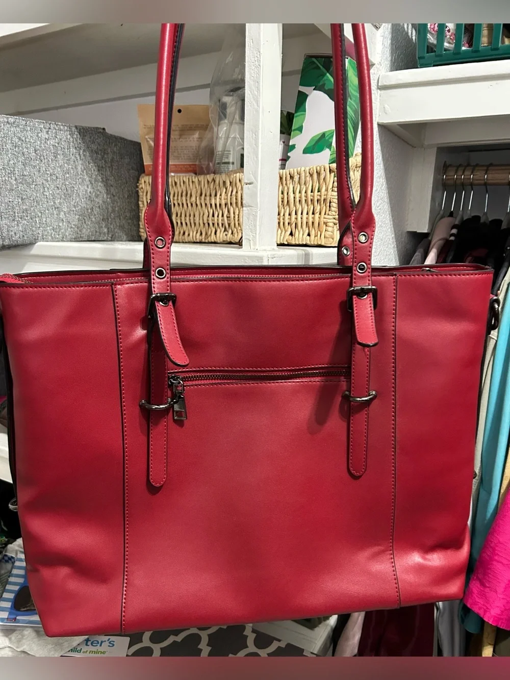 Mosiso Maroon Leather-Effect Tote with Dual Shoulder Straps